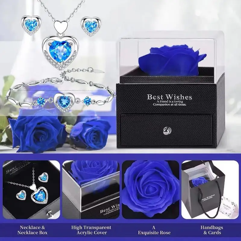 

【JYA1】Комплект украшений в форме сердца: колье, браслет, серьги с искусственной розой в подарочной коробке на День святого Валентина, День матери, годовщину.