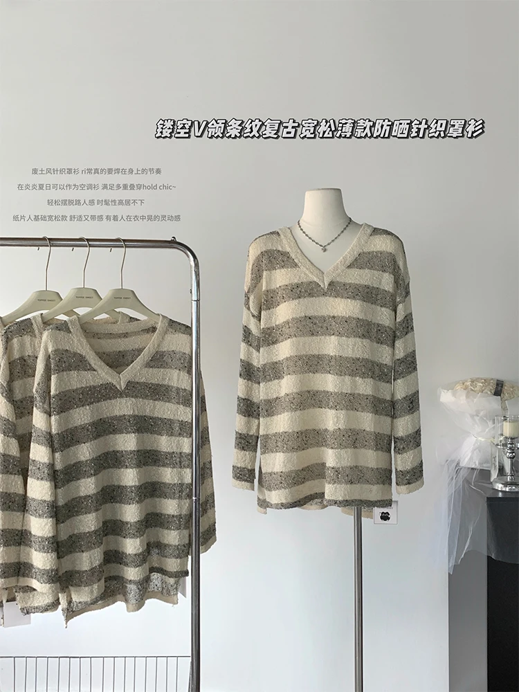 

Autumn Winter Woman Korean Striped Pullovers Oversize Jumper Sweater V-neck Knitwears Vintage Tide Y2k Streetwear Harajuku Tide