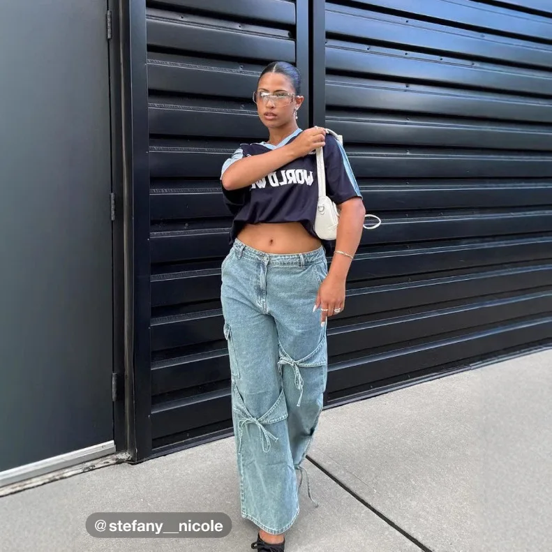 

Повседневные свободные широкие джинсы для девочек Street Hot. Женские четырехсезонные новые модные потертые прямые джинсы с бантом на шнуровке и дизайном Sense