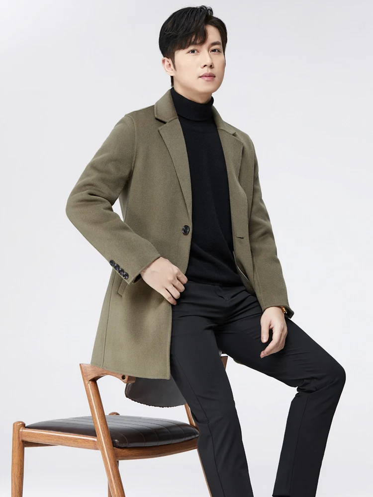 

Men's Mid Length Wool Trench Coat, 100% Wool, Double Sided, Suit Collar, High End, Popular Cashmere Coat Tops, Autumn and Winter