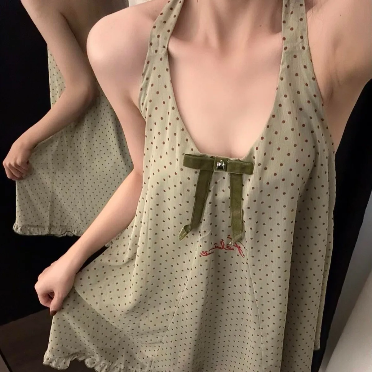 Summer Neck Hanging Home Nightgown, Women's Polka Dot Sexy Backless Nightgown, Loose and Comfortable Home Wear, Pajamas