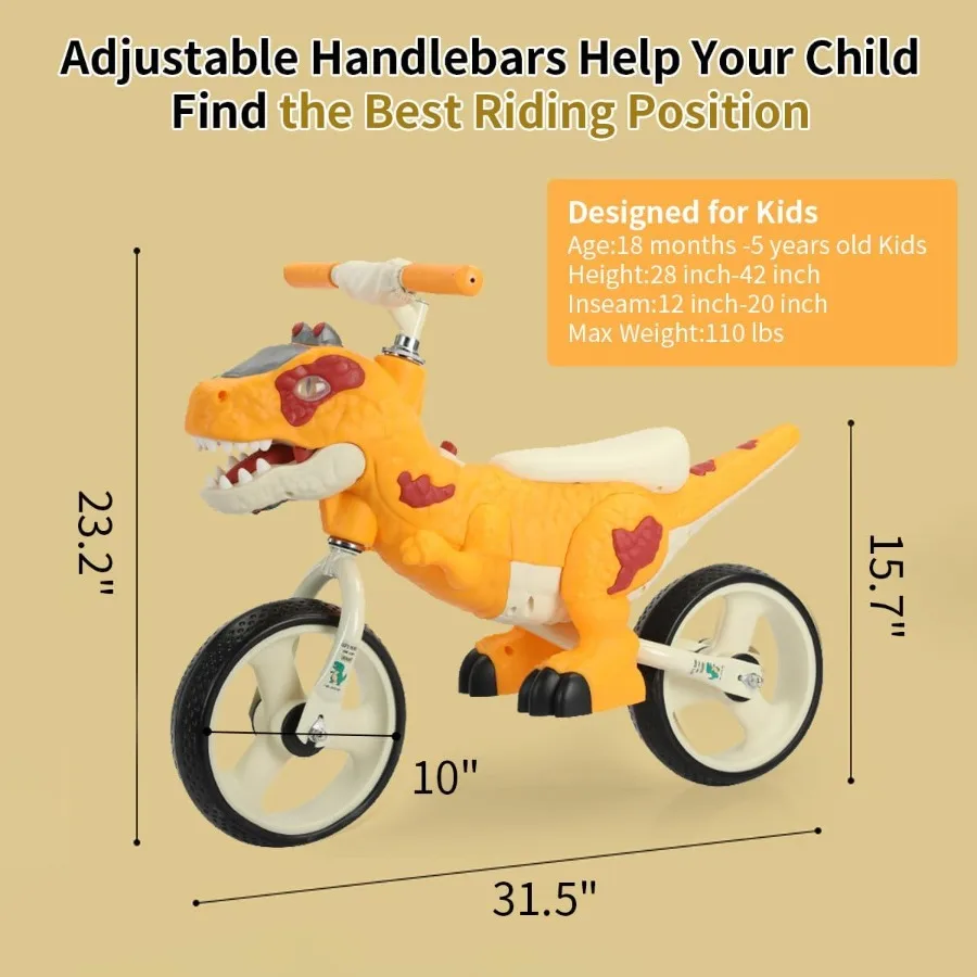 ألعاب دراجة توازن للأطفال الصغار بطابع الديناصورات للفتيات والفتيان من عمر 3 إلى 7 سنوات - تأثيرات الموسيقى والإضاءة دراجة تدريب بدون دواسة B