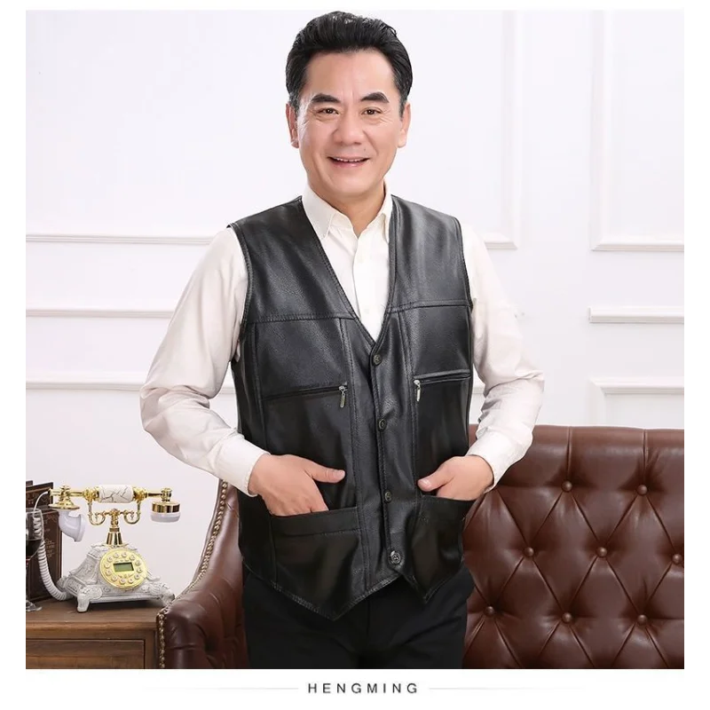 معطف شتوي مخملي جديد للرجال، بدون أكمام، سترة قصيرة من جلد البولي يوريثان للرجال في منتصف العمر وكبار السن تناسب قمة الموضة