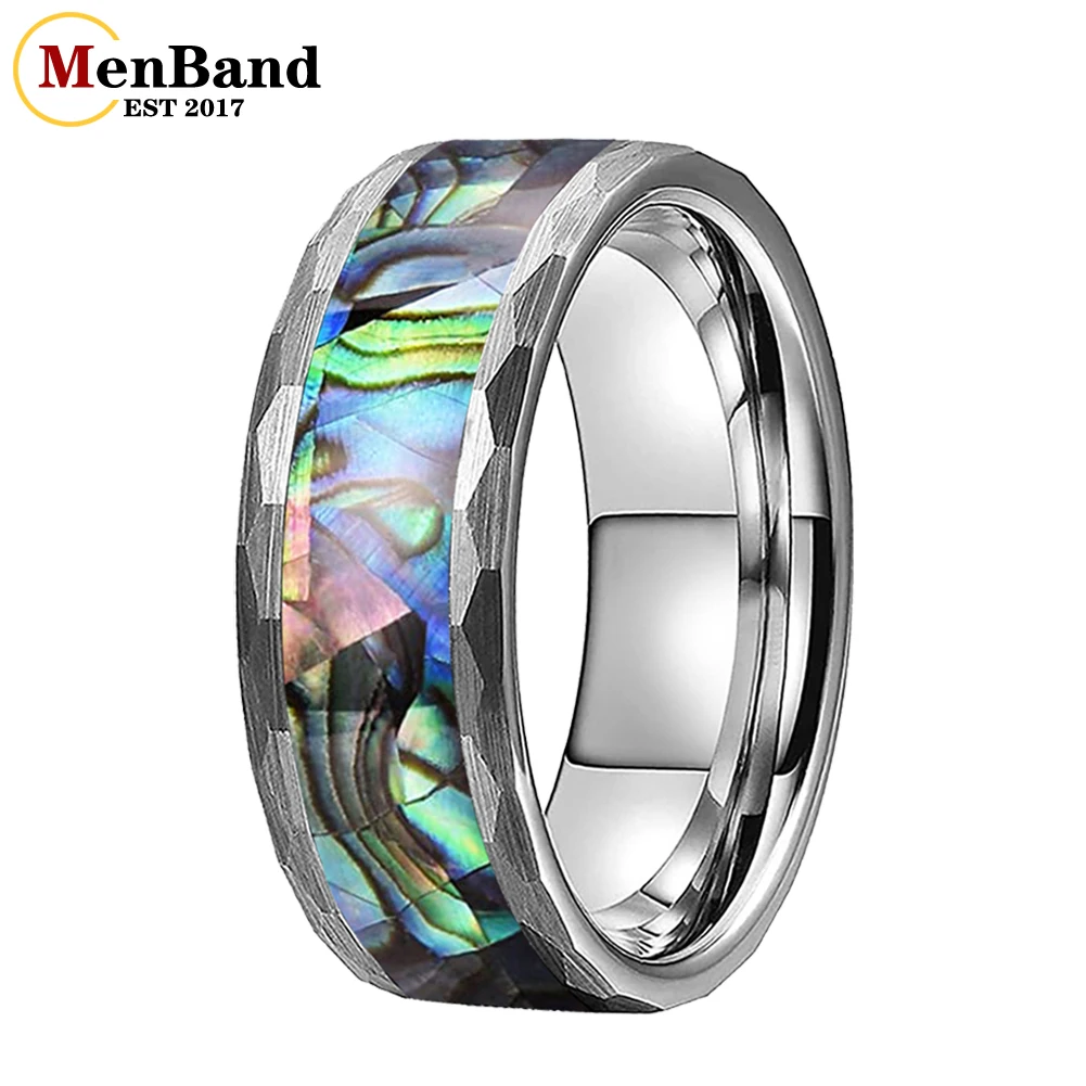 

MenBand 8MM Hammered Abalone Shell Inlay Tungsten Wedding Rings Bands Anniversary Ring Jewelry Gifts Free Engraved