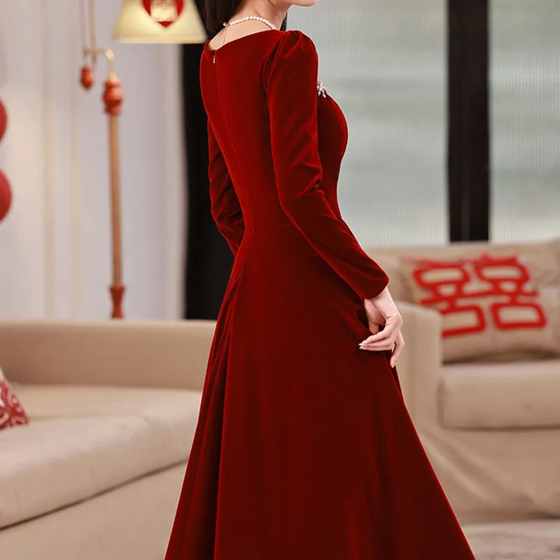 Velvet Evening Prom Dresses for Women Spring Elegant Sexy Long Sleeve Beads Long Formal Party Ball Gown Dress Show Host vestidos