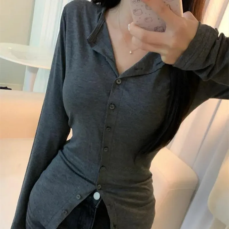 Slim Fit Long Sleeve T-Shirt Women Summer Pure Desire Turn Collar Thin Cardigan Top Single Row Multiple Buttons Korean Style