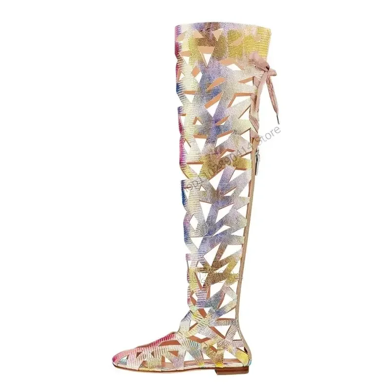 

Colorful Print Hollow Design Sandals Boots Back Zipper Women Shoes Chunky Heels Novel Fashion Banquet 2023 Zapatos Para Mujere