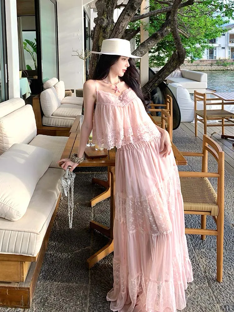 Sexy Sweet 2 piece set for women 2026 Summer Pink lace patchwork camisole V-neck crop tops and long skirt Beach Club INKEO 6D094 view 2