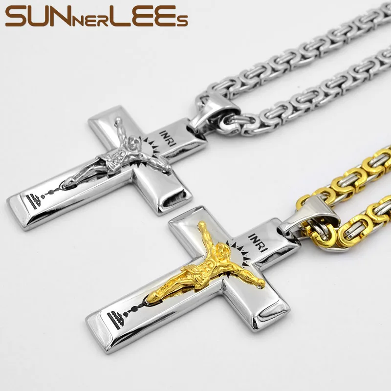 SUNNERLEES Stainless Steel Jesus Christ Cross Pendant Necklace Byzantine Link Chain Silver Color Gold Plated Men Boy Gift SP252