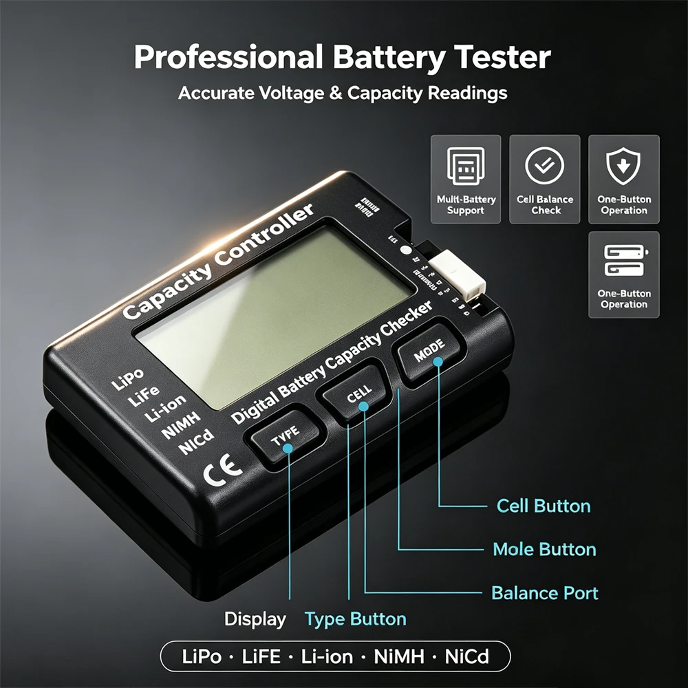 RC Cellmeter-7 Digital Battery Capacity Checker, High-Precision Voltage Tester for LiPo LiFe Li-ion NiCd NiMH Batteries