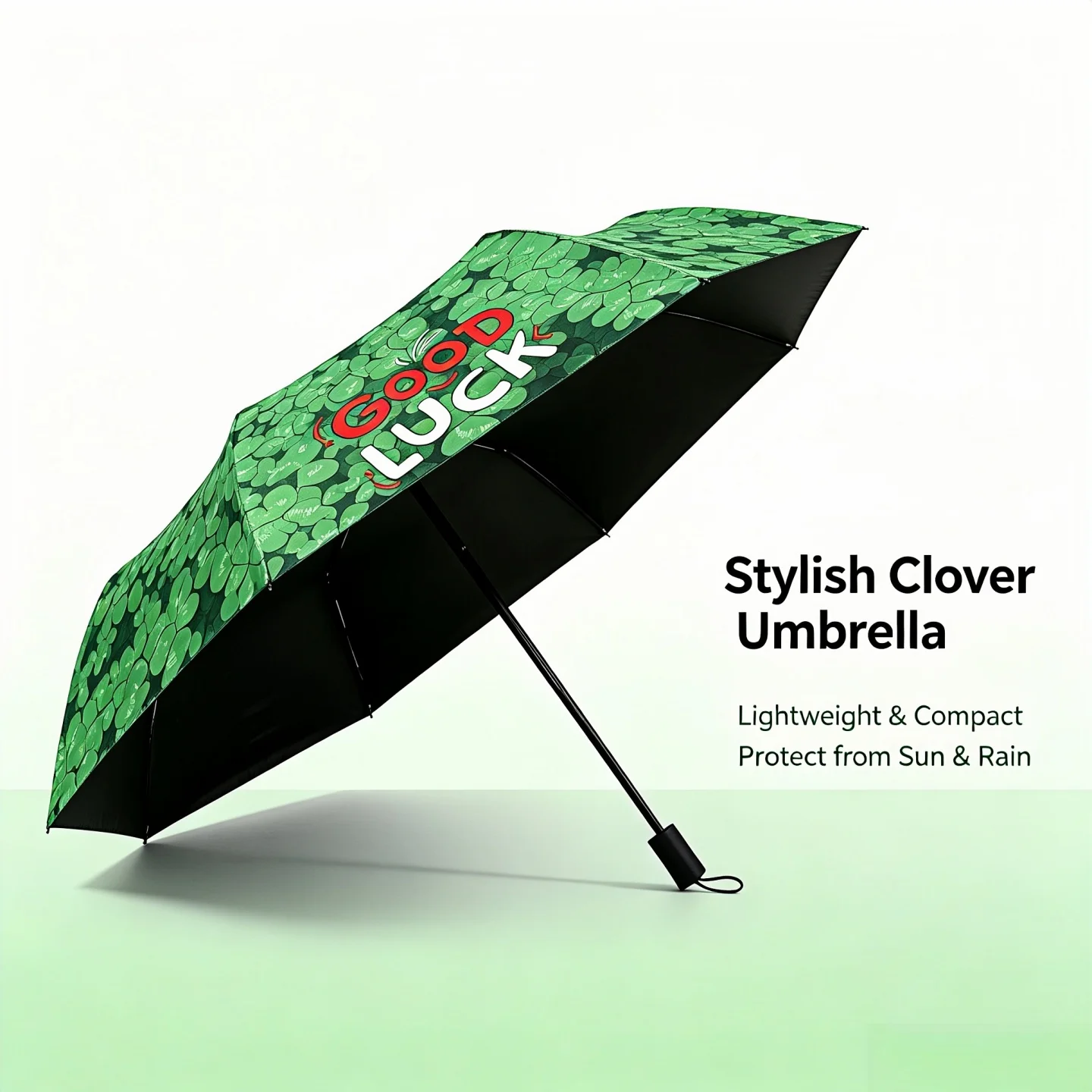 Compact Good Luck Clover Folding Umbrella Green Windproof Rainproof for St Patrick's Day Christmas Outdoor Business Travel Gift