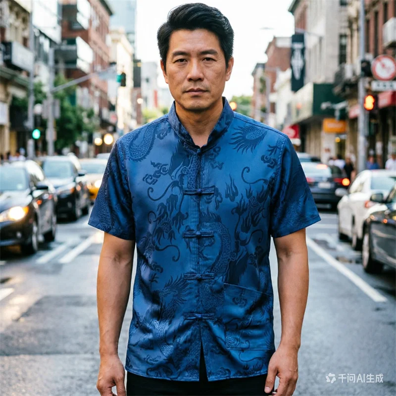 Men's Ice Silk Ancient Style Short Sleeved Shirt for Middle-aged and Elderlynew Chinese Hanfusummer Thin and Breathableretro Top