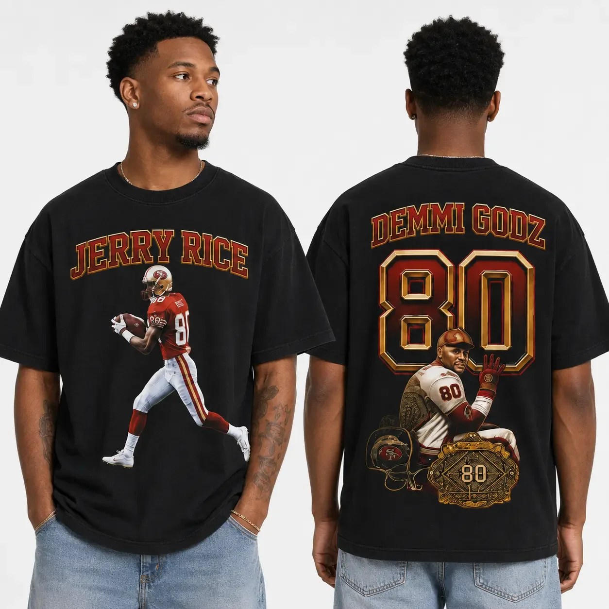 Football Vintage Double Sided Printed Tee, Black Washed Front Back Casual Short Sleeve T-Shirt, Gift For Football Fans