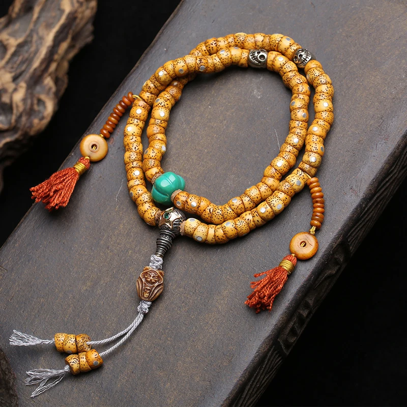 Natural aged material Xingyue Bodhi large intestine , 108 Buddhist , vintage bone copper waist beads, and three-wa