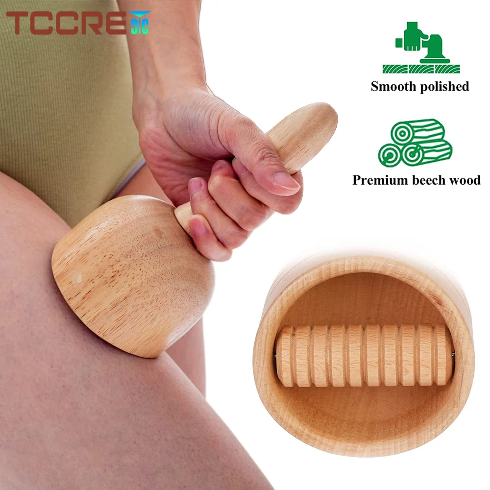 

Wooden Handheld Massage Cup with Roller Wood Therapy Tools Gua Sha Lymphatic Drainage Massager Body Shaping, Cellulite Remover