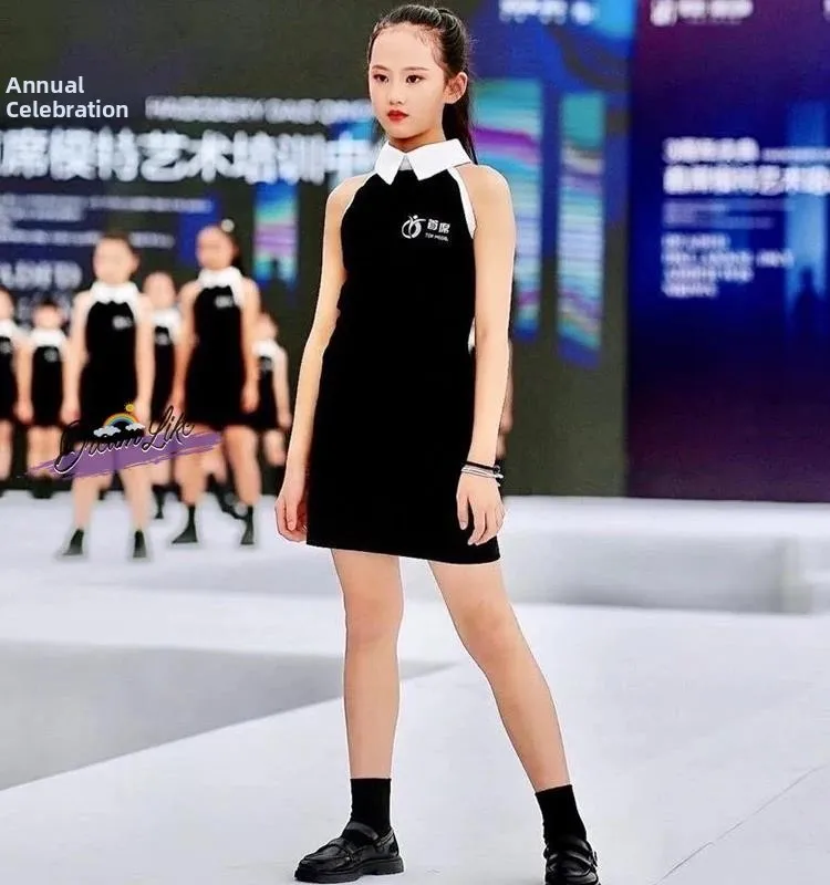 

Pure Cotton Children's Model Training Costume Summer Girls' Runway ow Performance Clothes Physical Etiquette Training