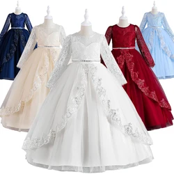 Luxury Long Sleeve Lace Embroidered Flower Formal Dress for Girls Christmas Kids Wedding Evening Bridesmaid Party Long Dresses