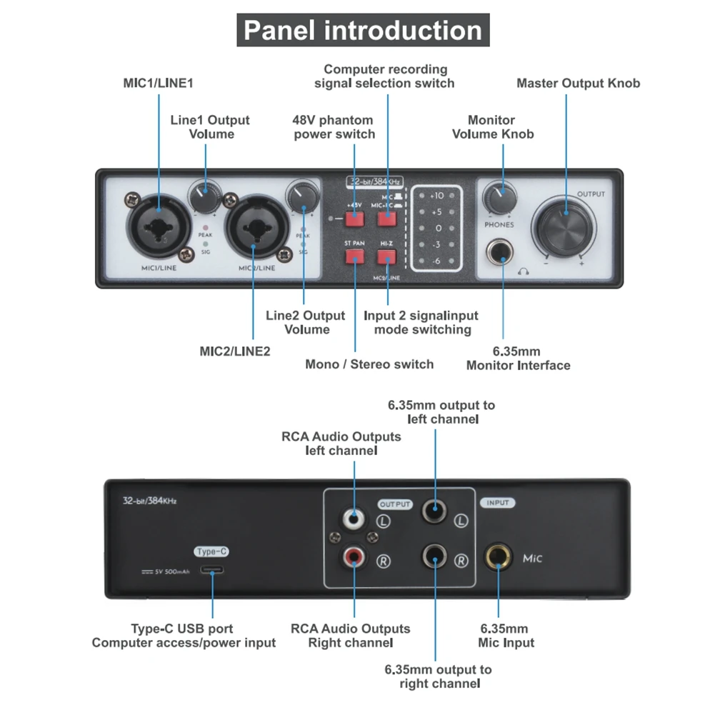 2 in 2 Out USB Audio Interface Recording Sound Card 32Bit/384KHZ Studio Record Professional Sound Card 48V Phantom