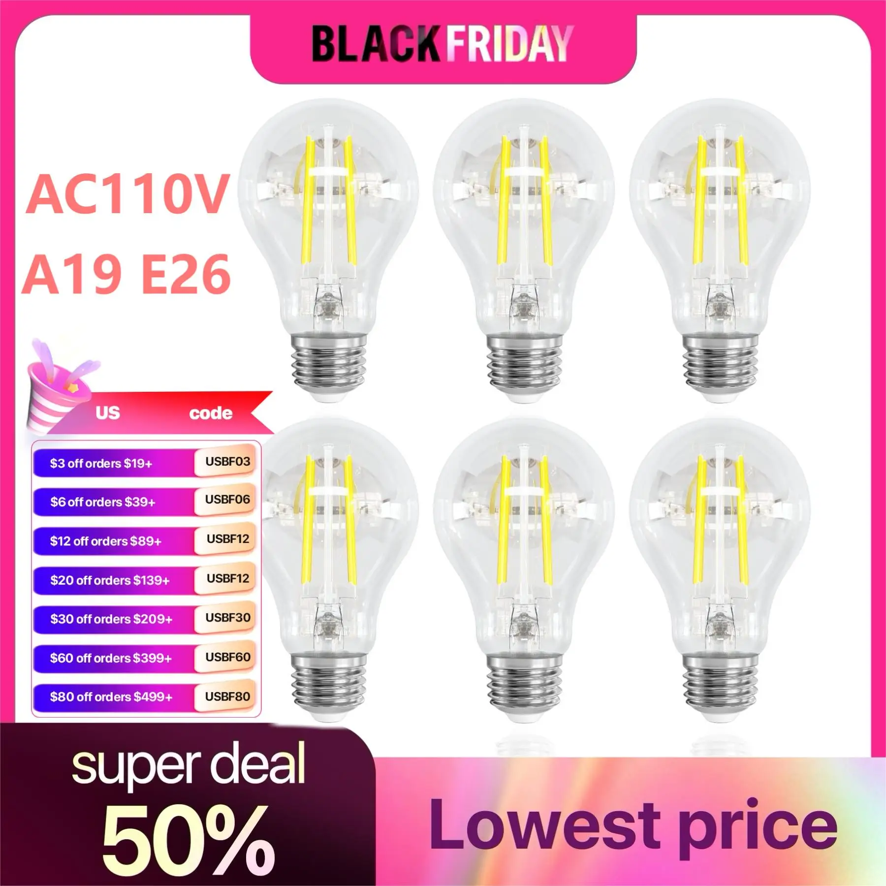 6PCS A19 Filament LED Bulbs 6W AC120V E26 Clear Medium Base Vintage Light Bulbs 2700K Warm White 4000K Nature White 700 Lumen