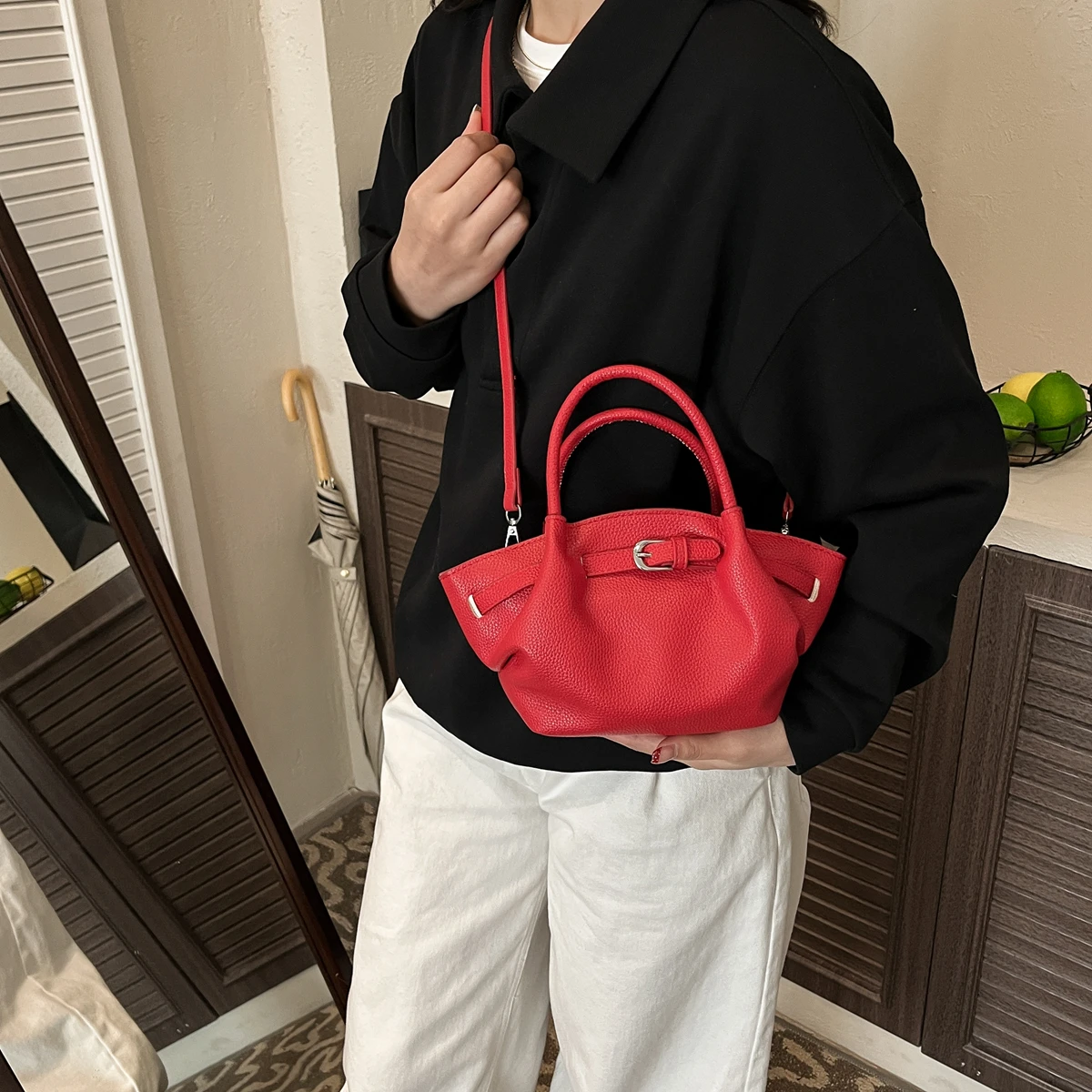 

Women's Mini Pebbled Leather Tote Bag, Top Handle Crossbody Purse with Buckle Detail, Elegant Shoulder Bag for Daily Use