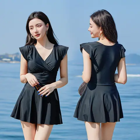 한국 섹시한 딥 브이 넥 원피스 수영복 여성 솔리드 수영복 스커트 Monokini Push Up Pad 비키니 수트