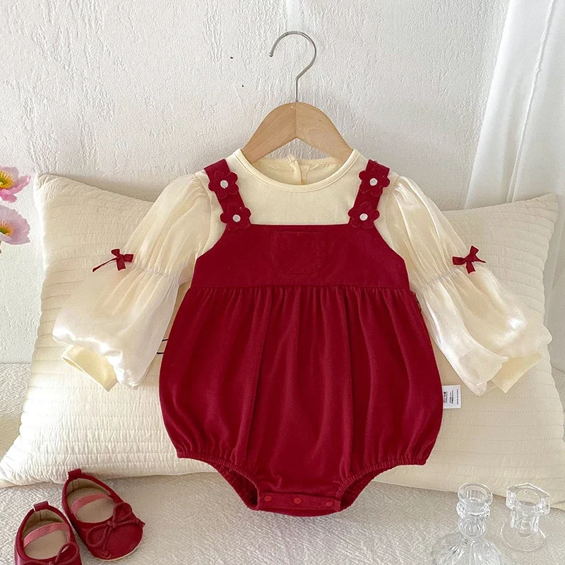 Autumn Infant Baby Girls Jumpsuit Long Sleeved Cotton Splicing Korean Style Climbing Suit 0-24M Children Clothes