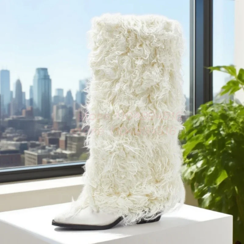 White Fluffy Fur Pointed Toe Knee High Boots Women Fashion Chunky Heel Western Ankle Boots New Lady Sexy Luxury Party Prom Shoes