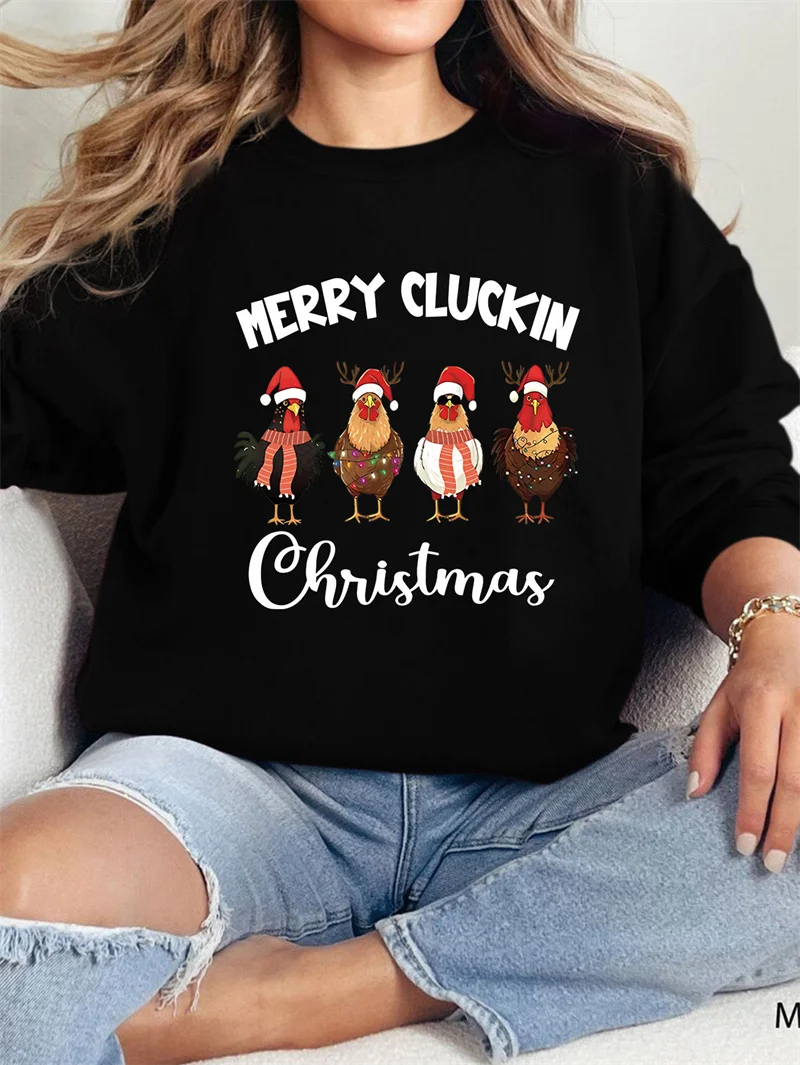 New cotton women's winter merry cluckin christmas Christmas Farm print letter casual vintage crew-neck fleece hoodie
