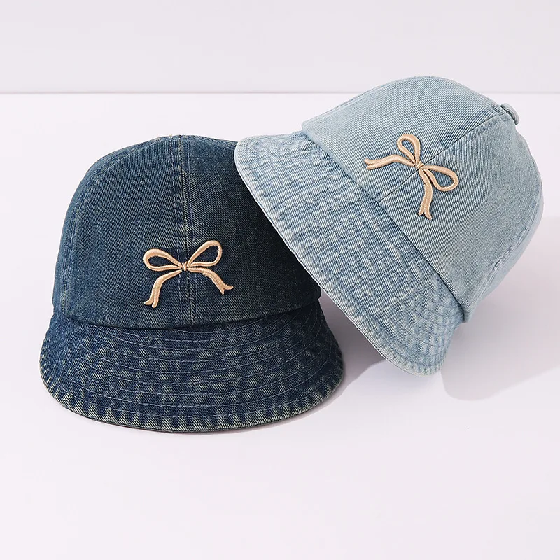 Summer Denim Baby Bucket Hat Cute Bow Embroidered Toddler Empty Top Cap Adjustable Sunshade Kids Girls Fisherman Caps
