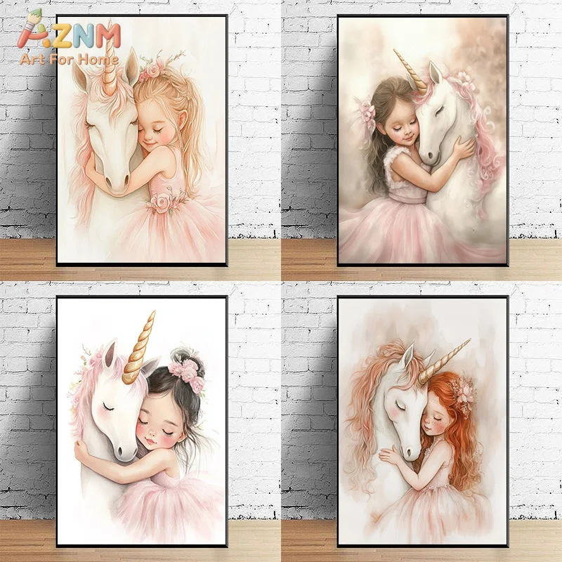 AZNM Unicorn and Little Girl Canvas Wall Art, Pink Watercolor Nursery Print, Frameless Cute Fantasy Unicorn Hugging Kids Room Ca