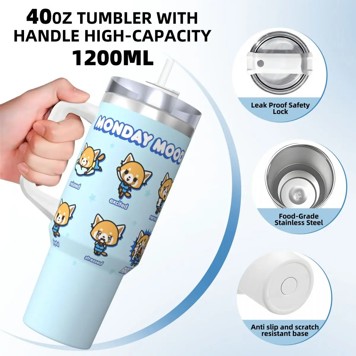 Stainless Steel Tumbler Aggretsuko Monnday Mood Mugs Cup With Straws Hot Drinks Water Bottle Portable Large Capacity Coffee Mug