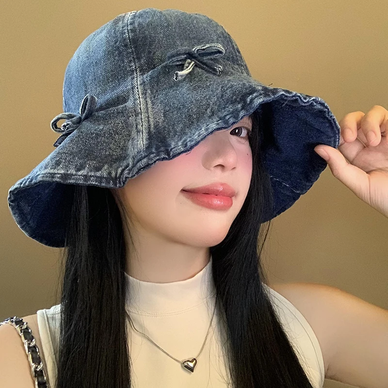 

Korean Version of Sweet Bow Denim Bucket Hats for Women Summer and Autumn Travel Sunscreen Versatile Casual Retro Basin Caps