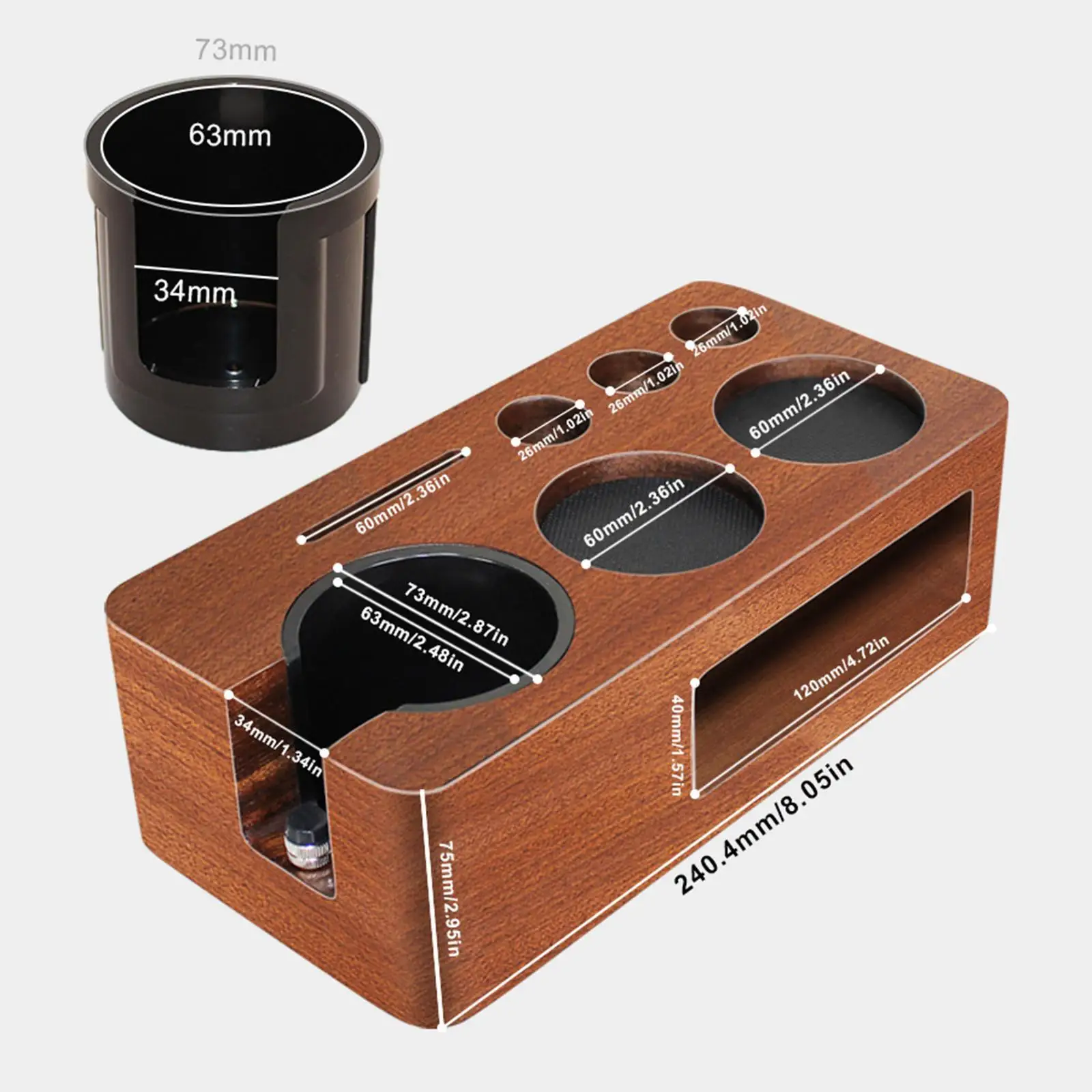 Dark Brown Espresso Tamping Station Wooden Coffee Tamper Stand with Multi Hole Design for Universal Fit