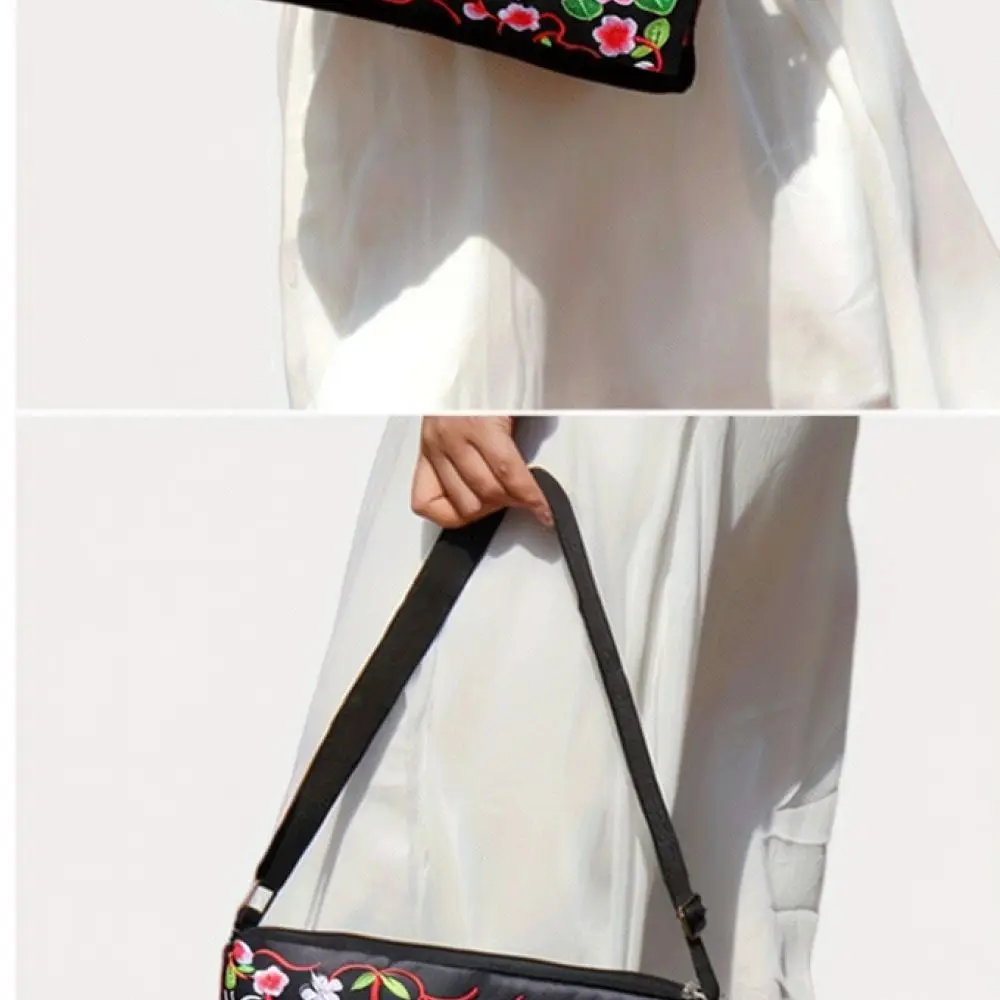 Vintage Ethnic Embroidery Canvas Shoulder Bag Women Casual Crossbody Messenger Handbag Flower Pattern Travel Purse