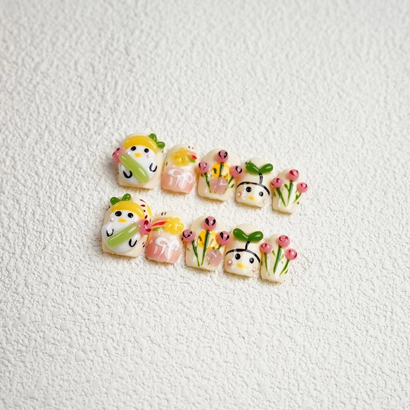 เล็บปลอมแบบกดน่ารักแบบสวมได้เล็บปลอมแบบเต็มรูปแบบดีไซน์3D เล็บปลอมสั้นการ์ตูนเด็กผู้หญิงเคล็ดลับการตกแต่ง