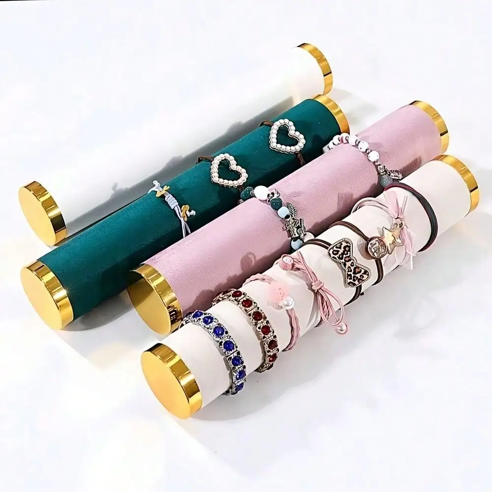 Velvet Cylinder Bracelet Display Stand, Gold Rim Hair Tie Scrunchie & Bangle Jewelry Storage Holder