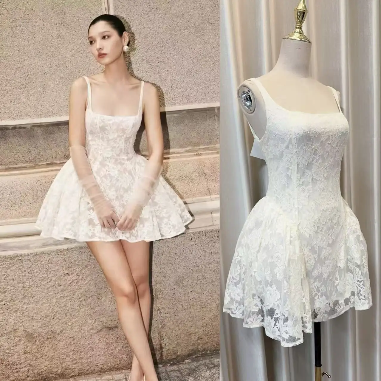 

Elegant Sexy Women Strapless Lace Ball Gown Short Dress New Fashion Summer Spaghetti Strap Hollow Out Party Mini Dress N894