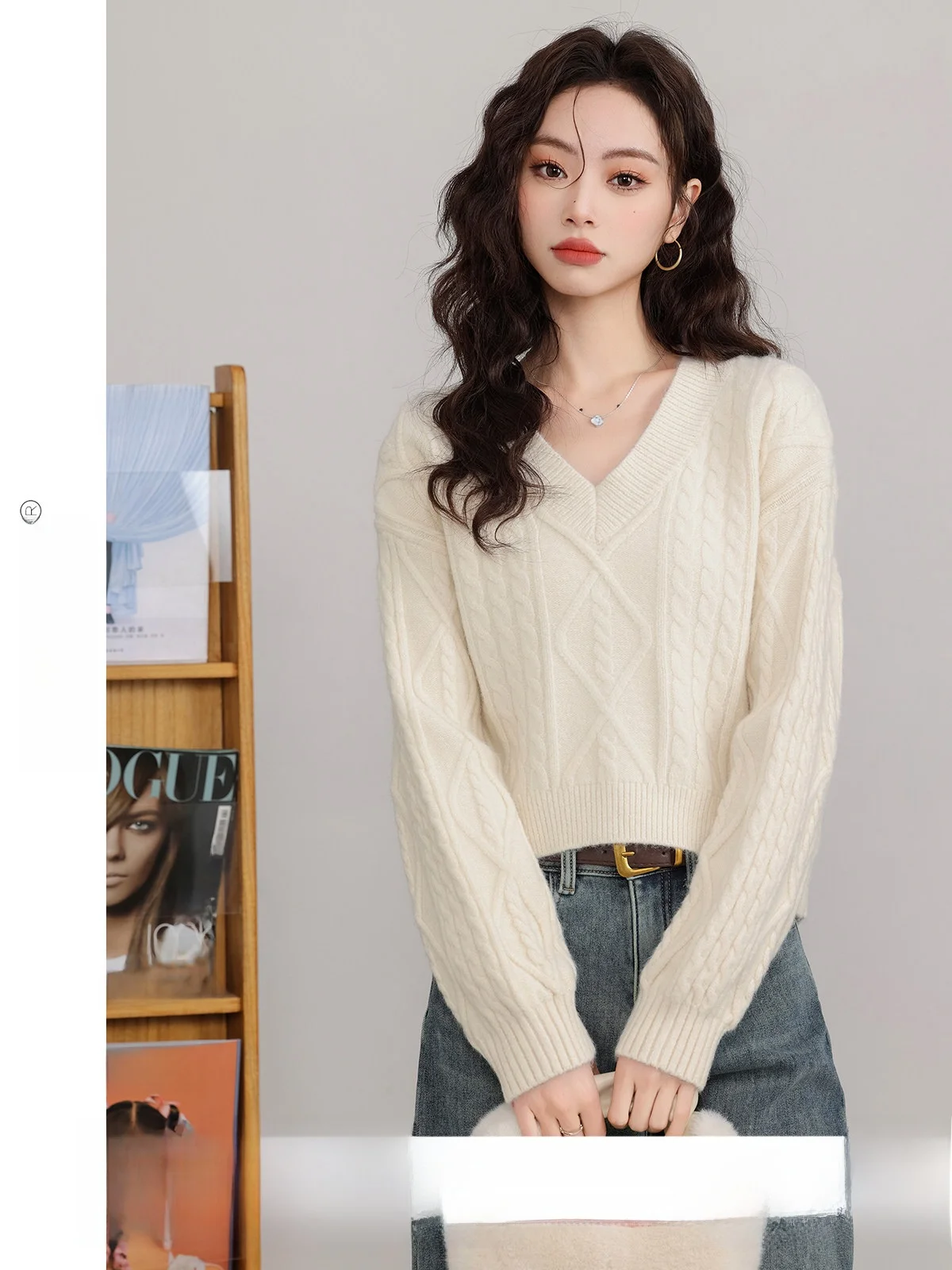 

Sunine Warm Twist Knit Sweater Women's Loose V-Ne Knitted Top Winter New Sle Gentle Wind Polyester Fiber Long Sve