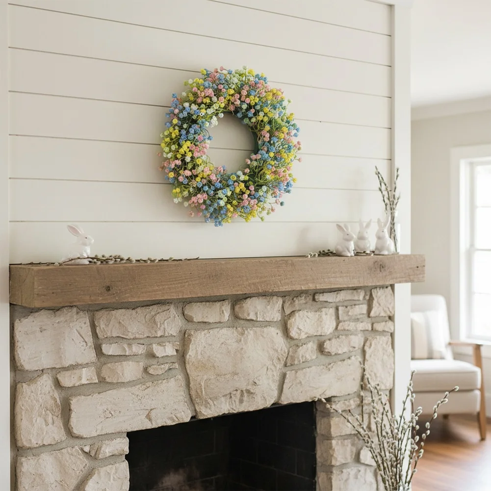 Long Lasting Decorative Wreath Easter Spring Door Wreath Yellow Easter Wreath Baby\'s Breath Florals Plastic And Woven Fabric