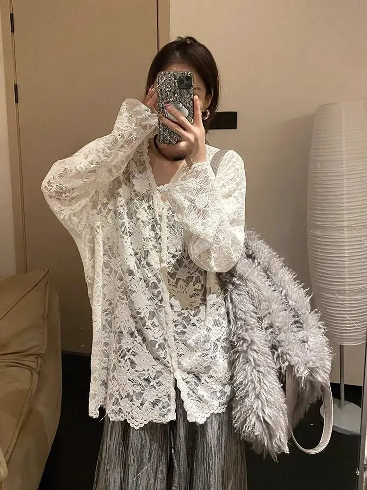 Chic Hollow Out Lace Jacket Women Bottom Shirt Summer Autumn Inner High End Layering Long Sleeve Shirt Sweet Spicy Tops V-neck - Image 3