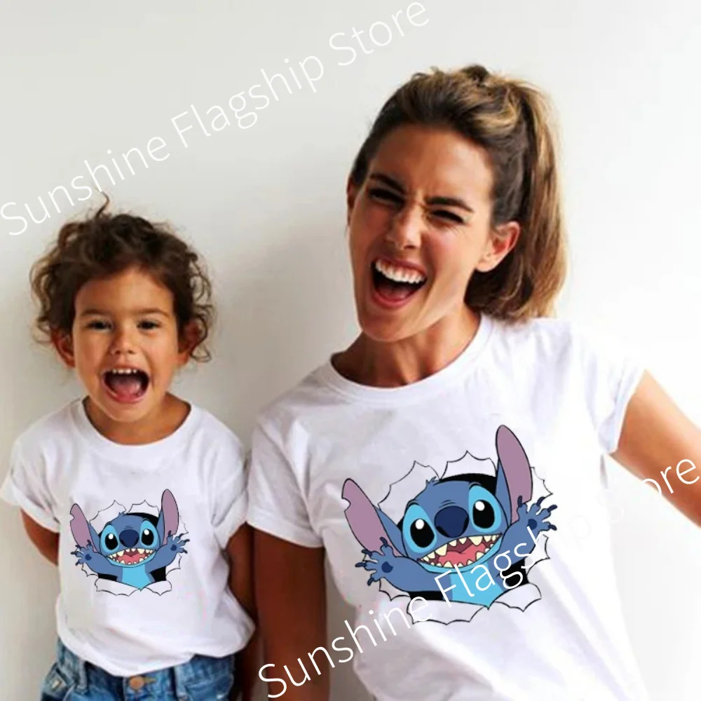 Family Look Disney Stitch T Shirt Mother and Kids Matching Outfits Fashion Streetwear Mom and Daughter Son Family Clothes Tops