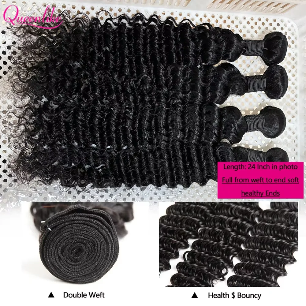 Queenlike onda profunda pacotes de cabelo humano 24 26 28 polegada pacotes encaracolados profundos 100% cabelo humano para mulheres extensões de cabelo cru brasileiro