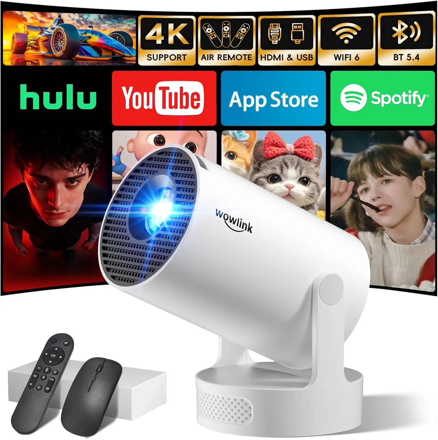

Mini Projector with WiFi 6 & Bluetooth 5.4, 4K 1080P Support, Auto Keystone, 180° Rotatable, Portable for Home Theater
