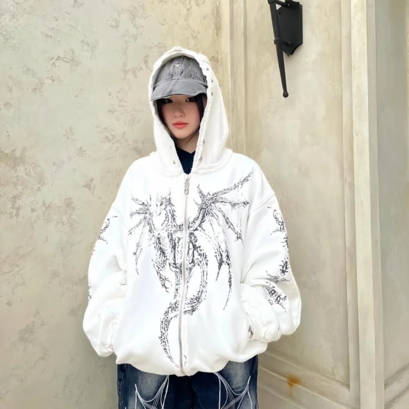 

Dual Dragon Head Jackets Men Women Heavyweight Graphic Print High Street Hip Hop Hooded Jacket Man Zipper Hoodie Streetwear