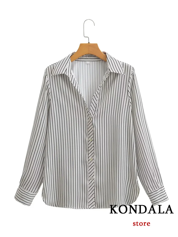 KONDALA Casual Vintage Chic Women Shirt Striped V-Neck Single Breasted Long Sleeve Loose Blouse New Fashion 2023 Autumn Shirts