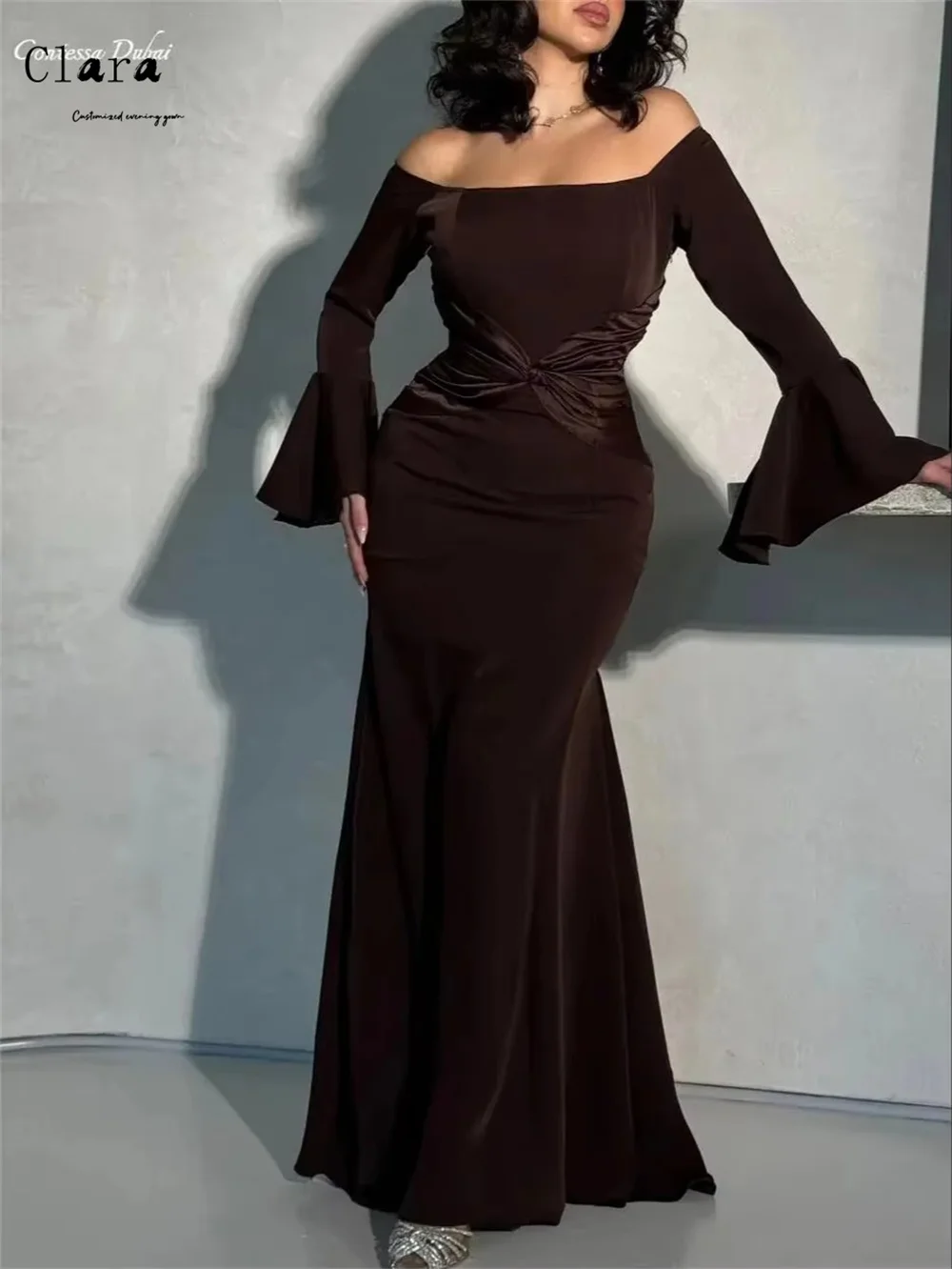 Clara personalizado fuera del hombro de manga larga cola de pez tubo Top elegante vestido de noche de boda de lujo 2025 vestidos de fiesta de lujo elegante