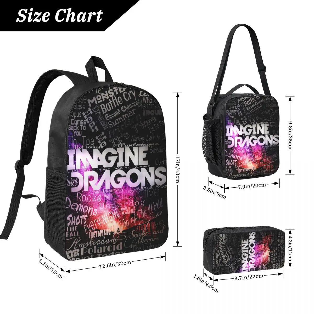 Imagine Dragons Backpack Student Boys Girls BookBag School Bag Computer Shoulder Bags 3ps Insulated Lunch Bag Pencil Case