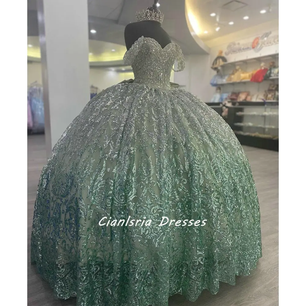 Mint Green Glitter Sequined Beading Quinceanera Dresses Ball Gown Off The Shoulder Bow Corset Sweet 15 Vestidos De Quinceañera