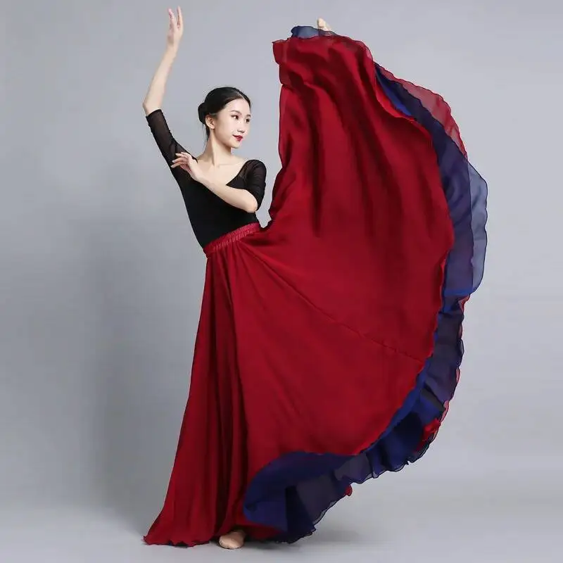 Flamenco Chiffon Dansrok Dames 720 Graden Effen Kleur Lange Rokken Danser Oefenkleding Chinese Stijl Rok met Grote Zoom