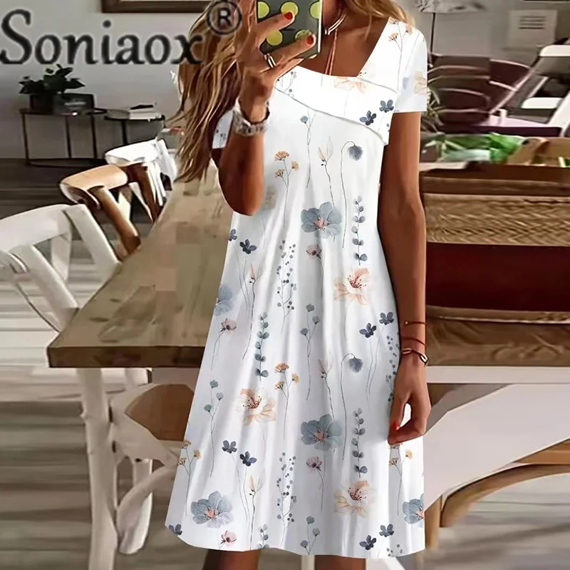 

Women's Knitted A-line Dress Elegant Botanical Flower Print Short Sleeve Pullover Dressy Female Trend Street Casual Stretch Gown